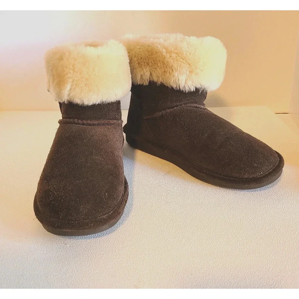 BEARPAW ABBY SHORT SUEDE BOOT SHEARLING CUFF WOOL BLEND LINED BUCKLE SZ 7